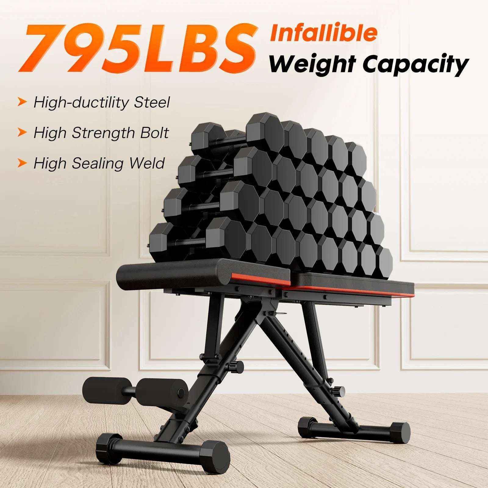 Adjustable Fitness Bench for Home Gyms, 795 LBS Capacity, 72 Adjustments, Foldable