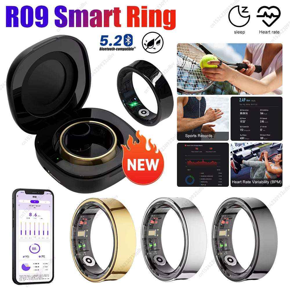 R09 Smart Ring for Heart Rate, Blood Oxygen, Sleep & Body Temperature Monitoring with Charging Case